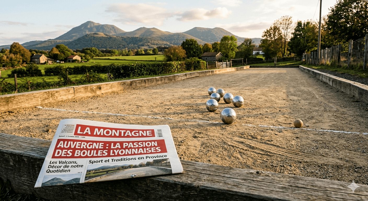 terrain de sport boule avec journal La Montagne au premier plan