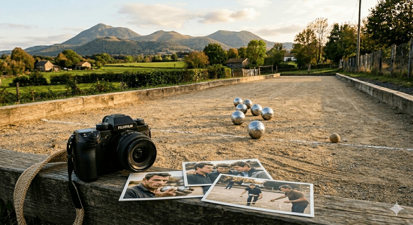 terrain de sport boule avec appareil photo et album photo au premier plan