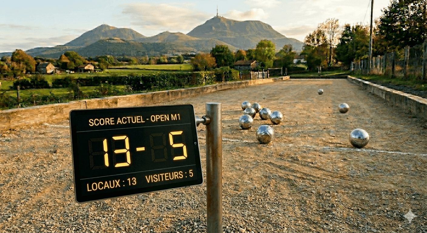terrain de sport boule avec panneau de résultats en premier plan