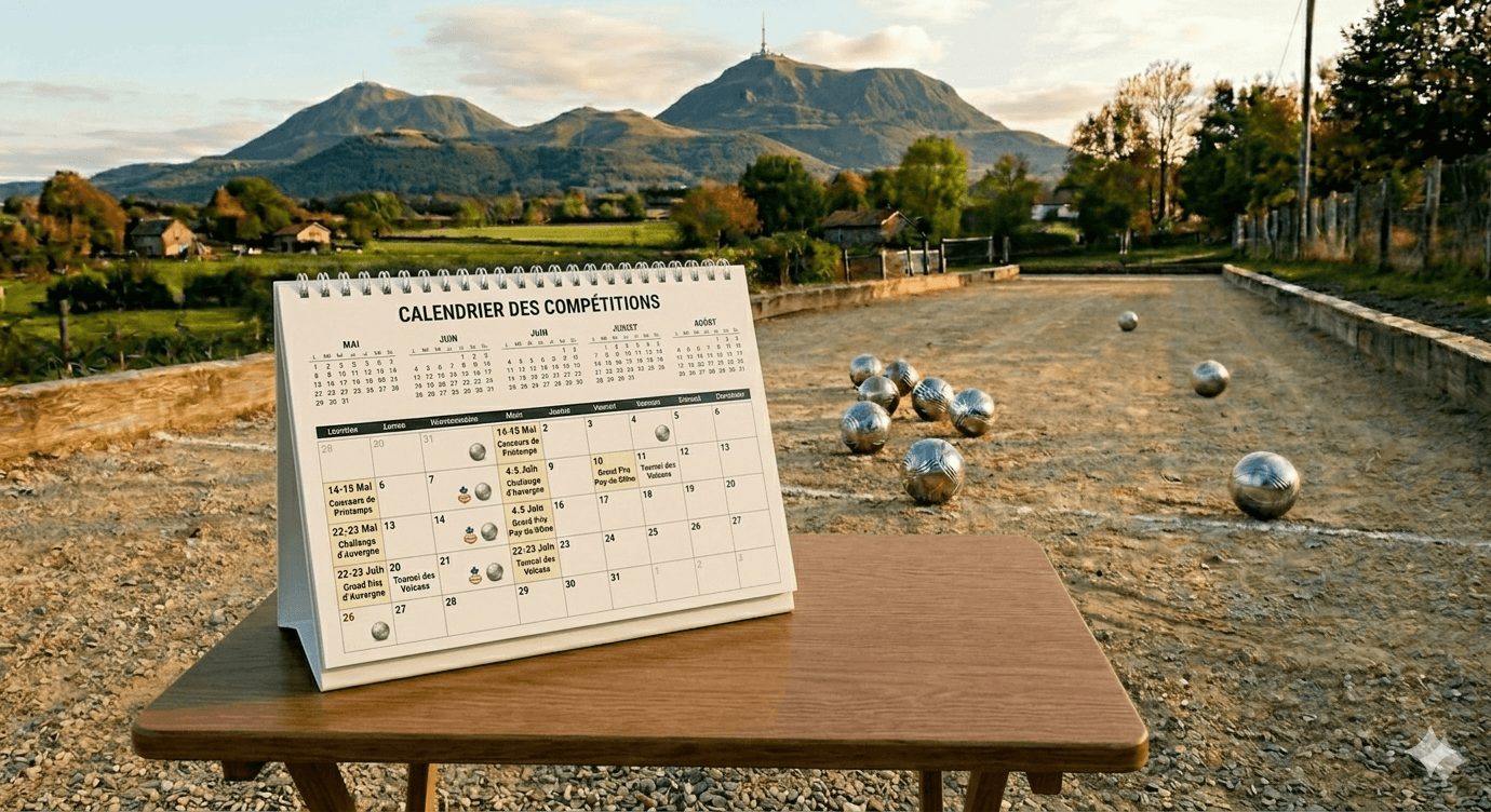 terrain de sport boule avec calendrier en avant et puy de dome en fond