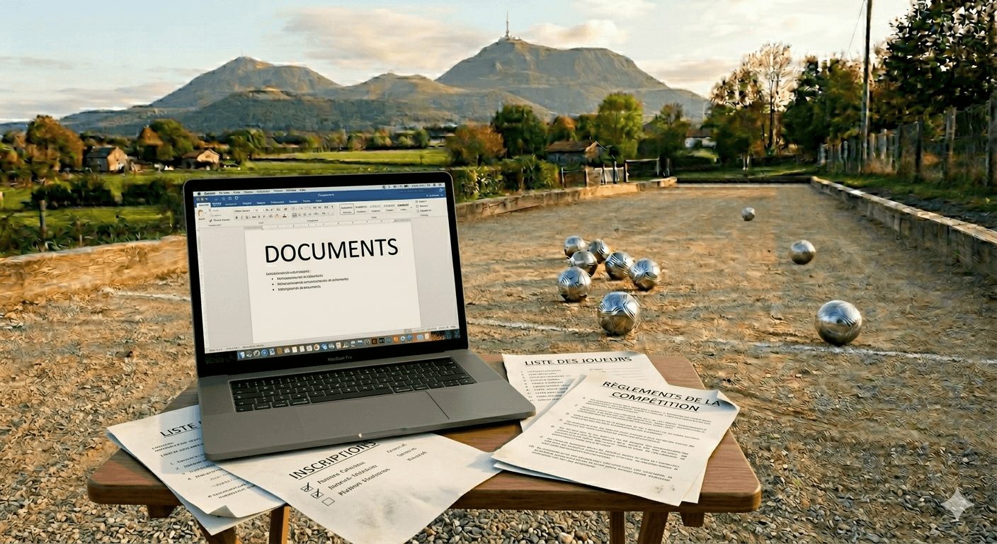 terrain de sport boule avec ordinateur et feuilles au premier plan