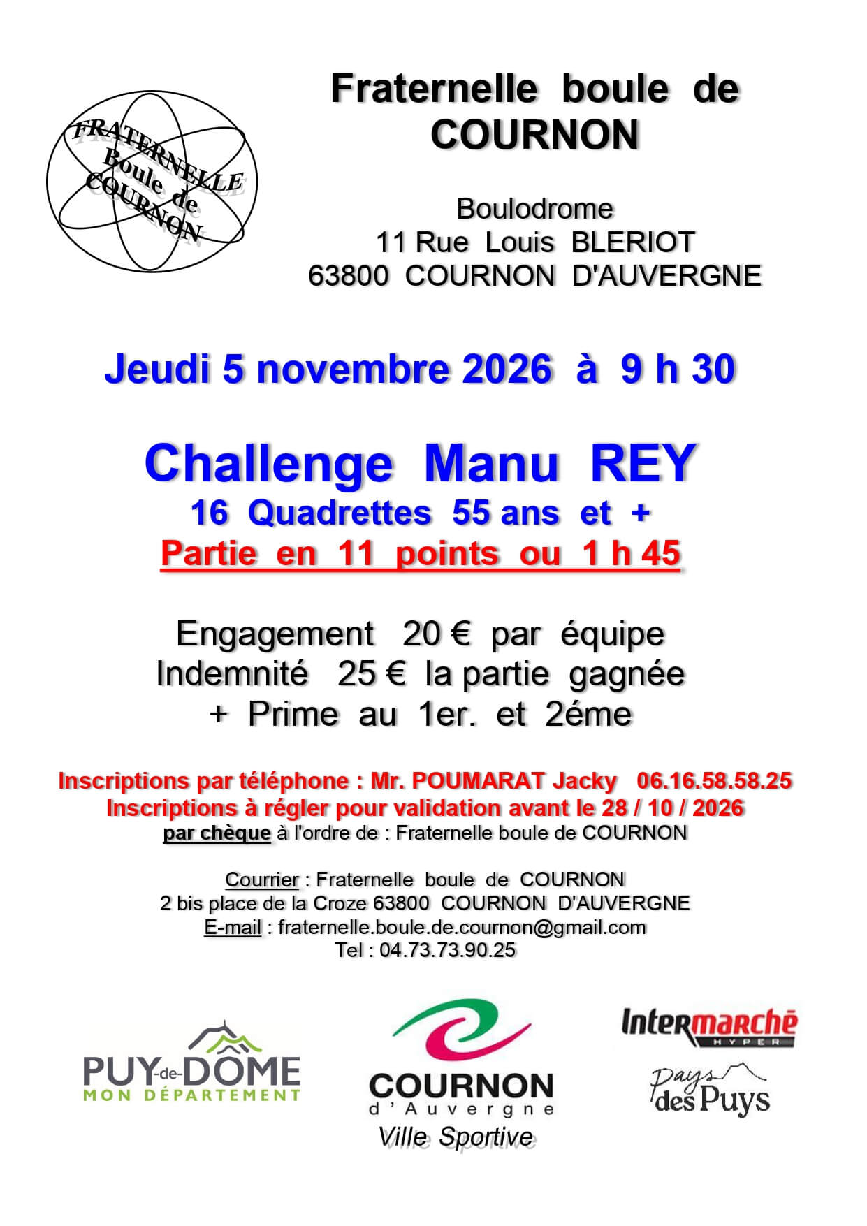 Affiche concours vétérans quadrettes Cournon 5 novembre 2026
