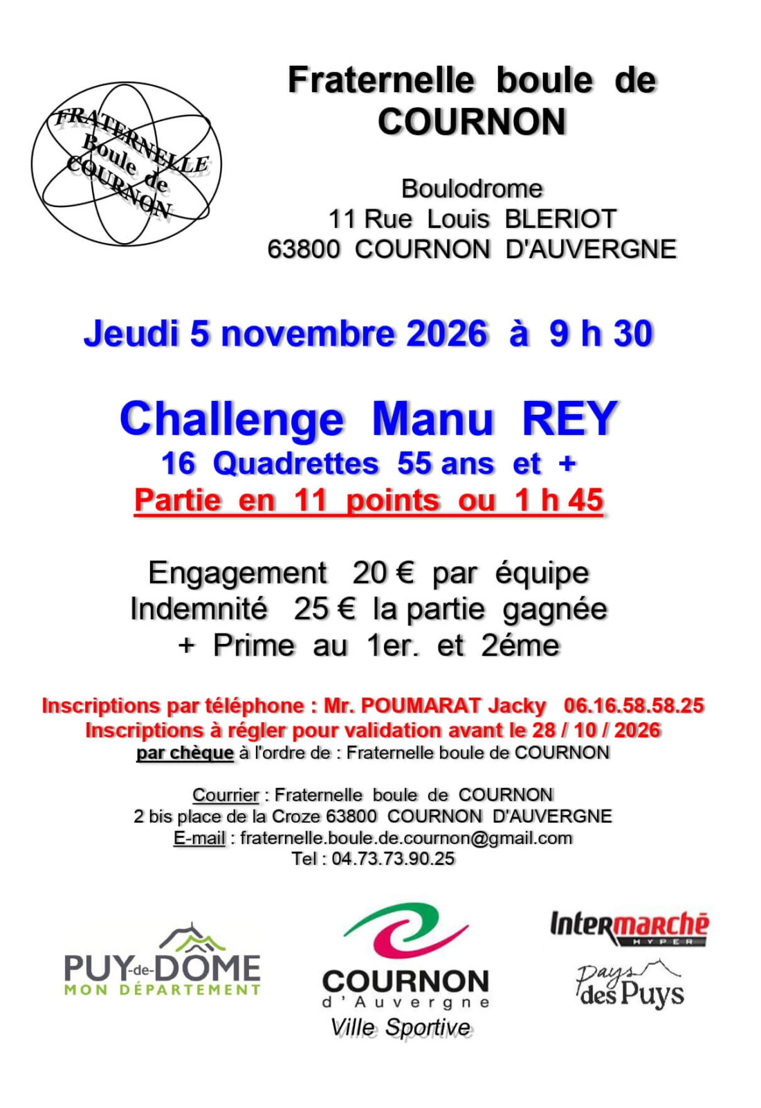 Affiche concours vétérans quadrettes Cournon 5 novembre 2026
